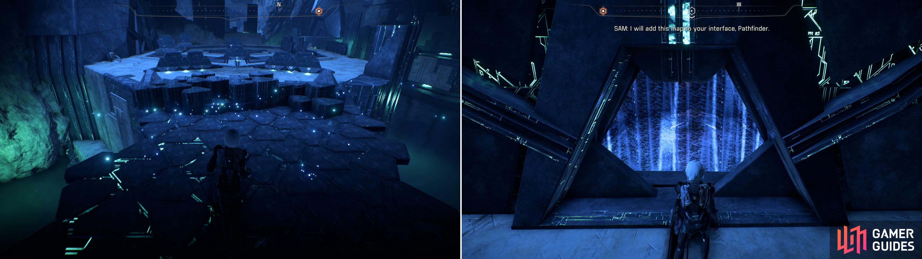 Don’t activate the Remnant Console at the entrance to the vault proper, which will allow you to cross a Remnant bridge (left). Note the chamber behind the energy barrier, which is worth planning to return to as you flee the vault (right).