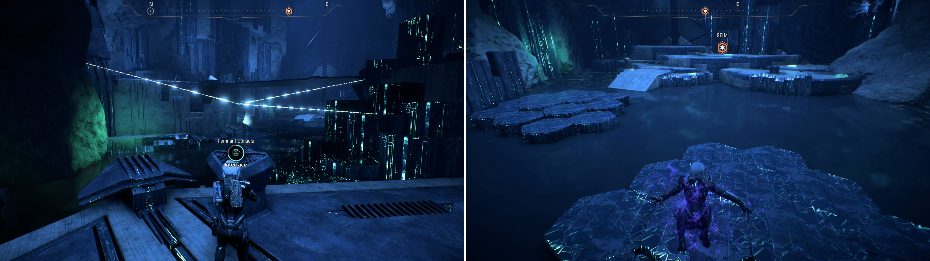 Return to the beginning of the vault and activate the previously ignored Remnant Console (left) then leap across the “lily pad” platforms deployed by aforementioned console (right).