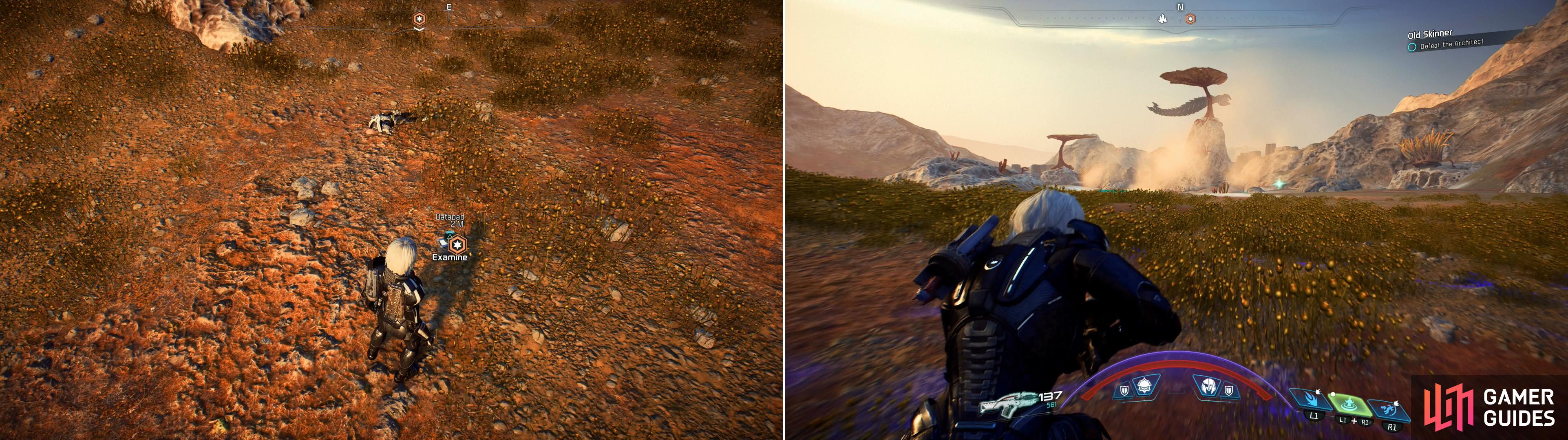 Read a datapad to find out what happened to Bishop (left) then make your way north to the lake in Kurinth’s Valley, over which Old Skinner flies (right).