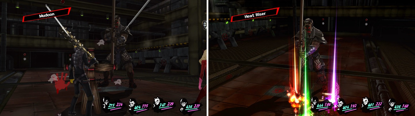 The Cleaner can instantly kill a character with Mudoon (left). Make sure you debuff him if he happens to use Heat Riser (right).