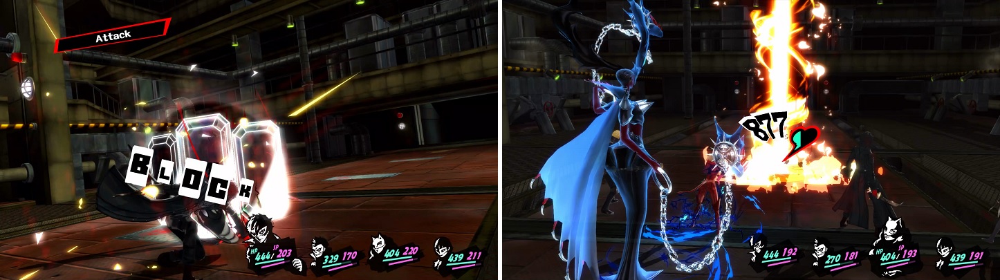 Equip a Persona that nulls physical to get rid of the Traitor’s Tetrakarn (left). When the Traitor uses Desperation, you can do some major damage to them (right).