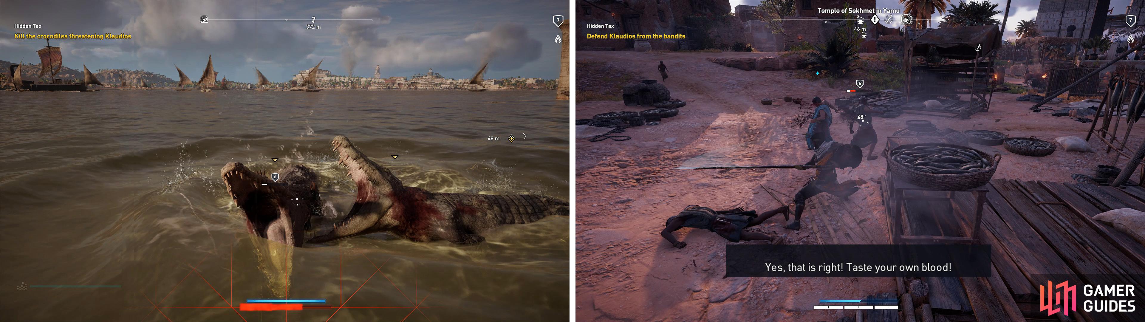 It’s not a good idea to fight the crocodiles up close (left). When you get back, you must fight off some soldiers (right) to complete the mission.