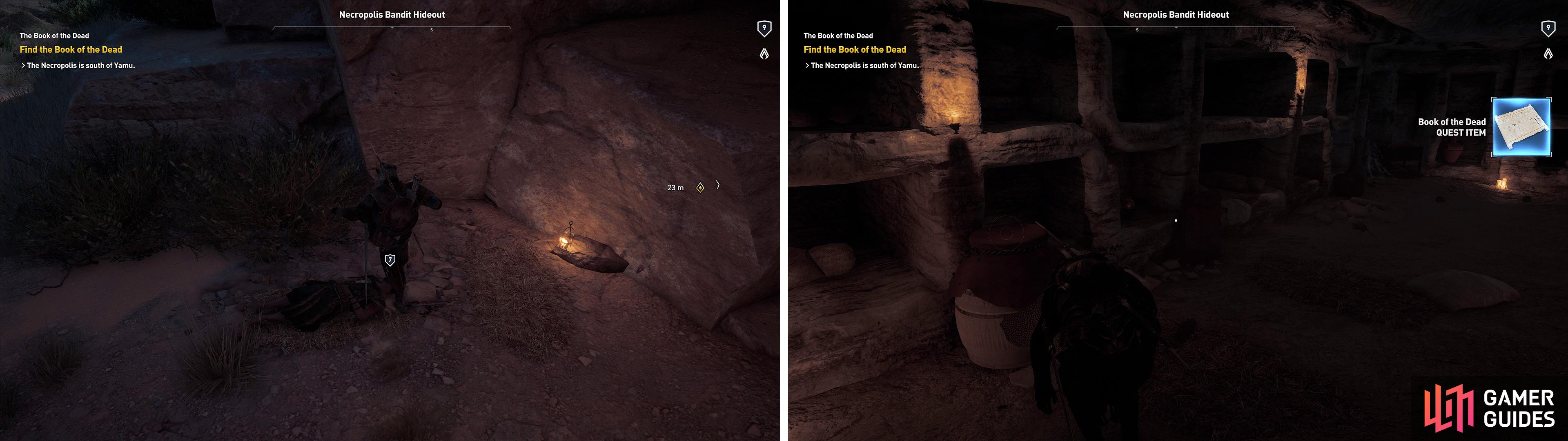 The hideout should be a lot emptier (left) if you cleared it out earlier. Head beneath the surface to recover the book (right) then return it to its owner.