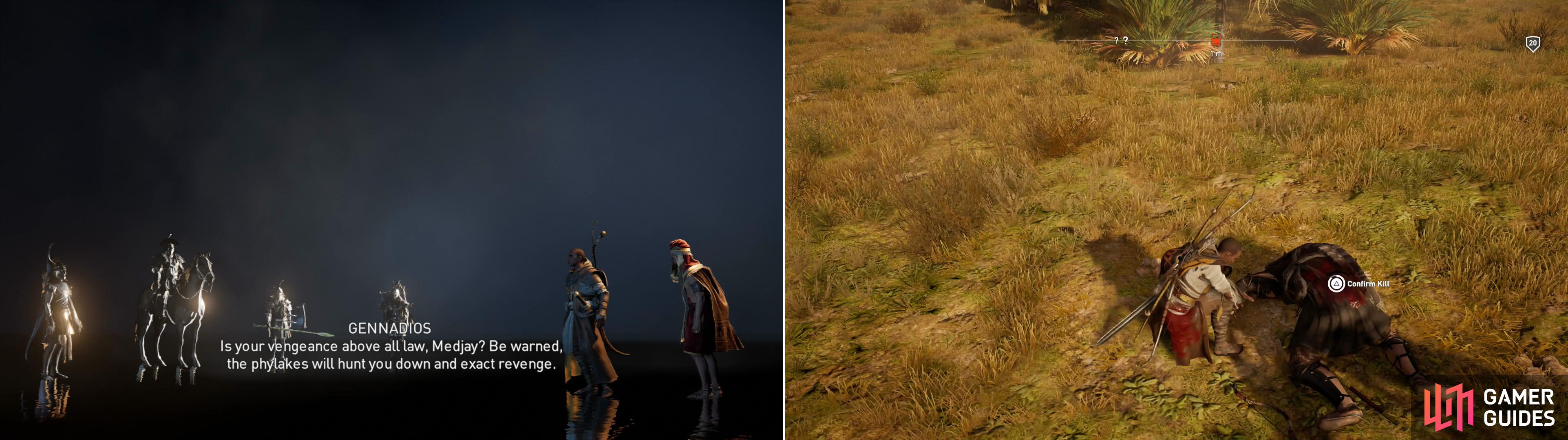 Phylakes will appear after you complete the quest “Gennadios the Phylakitai” (left). After you kill a Phylakes, be sure to confirm the kill (right).