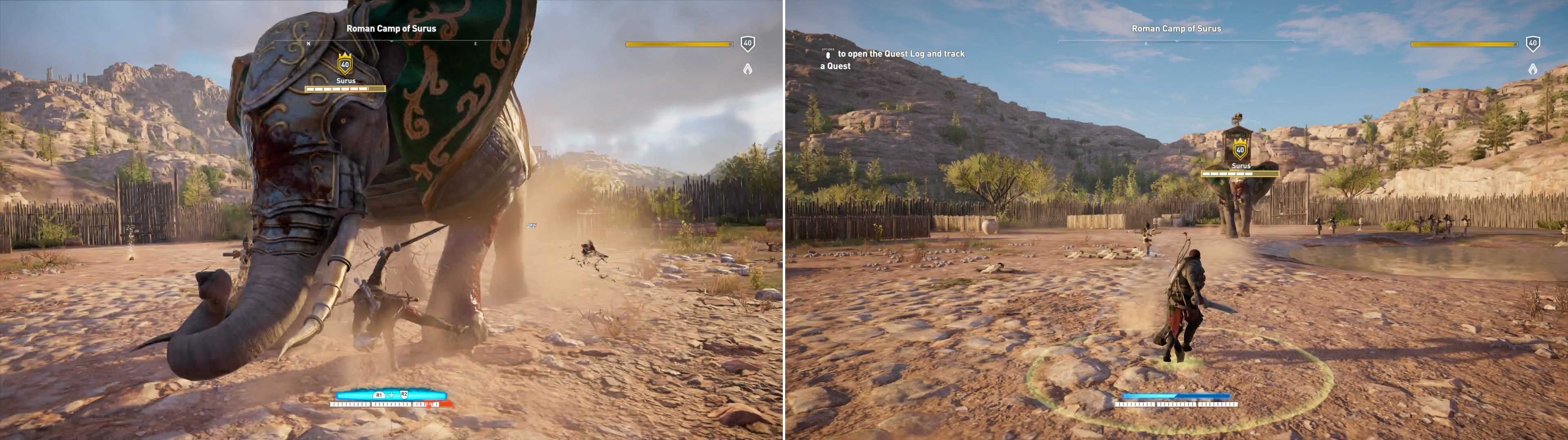 Surus is aggressive, and will prefer to attack in melee (left). This won’t stop the soldiers riding in the elephant from throwing fire bombs at you, however (right).