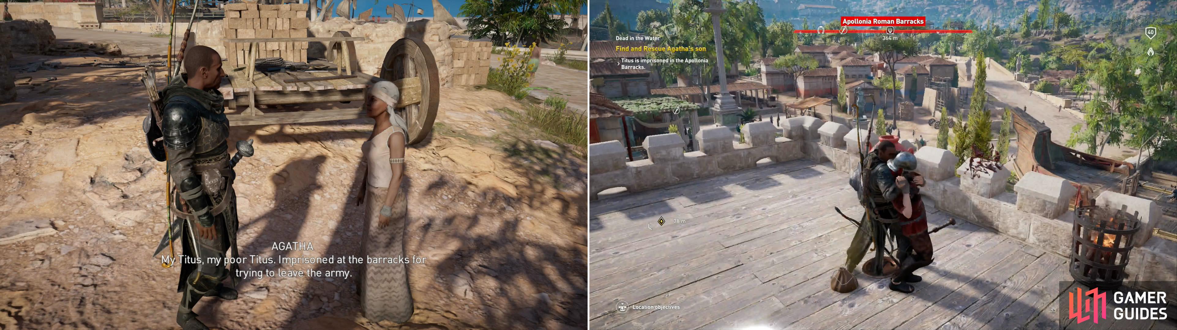 Talk to Agatha to start the quest (left) then start clearing out the Apollonia Roman Barracks (right).