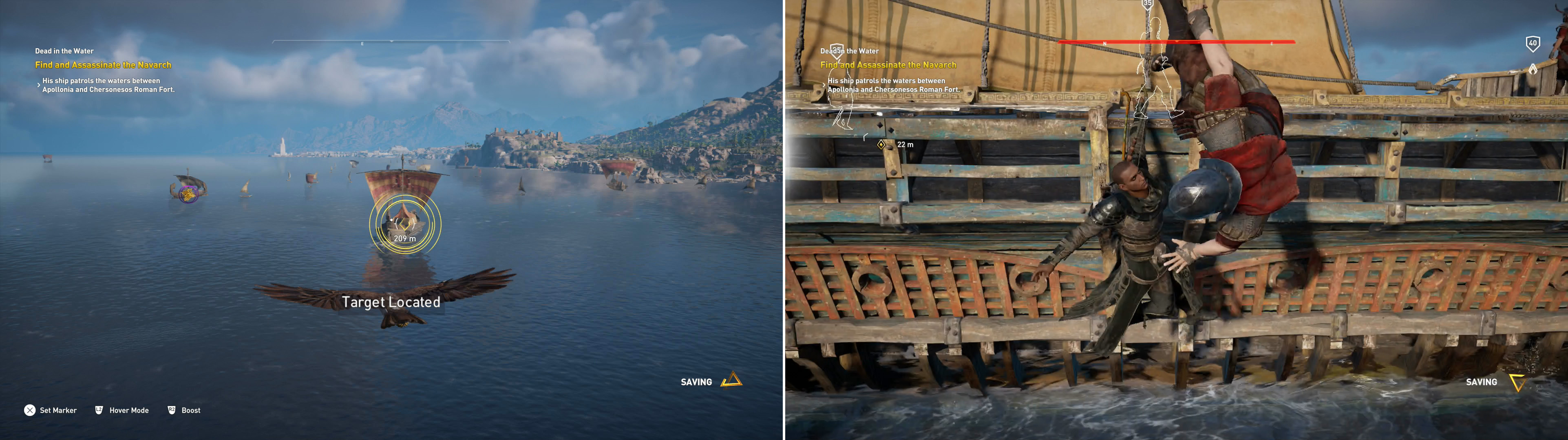 Use Senu to locate the Navarch (left) then intercept the ship and start picking off Romans, including the Navarch (right).