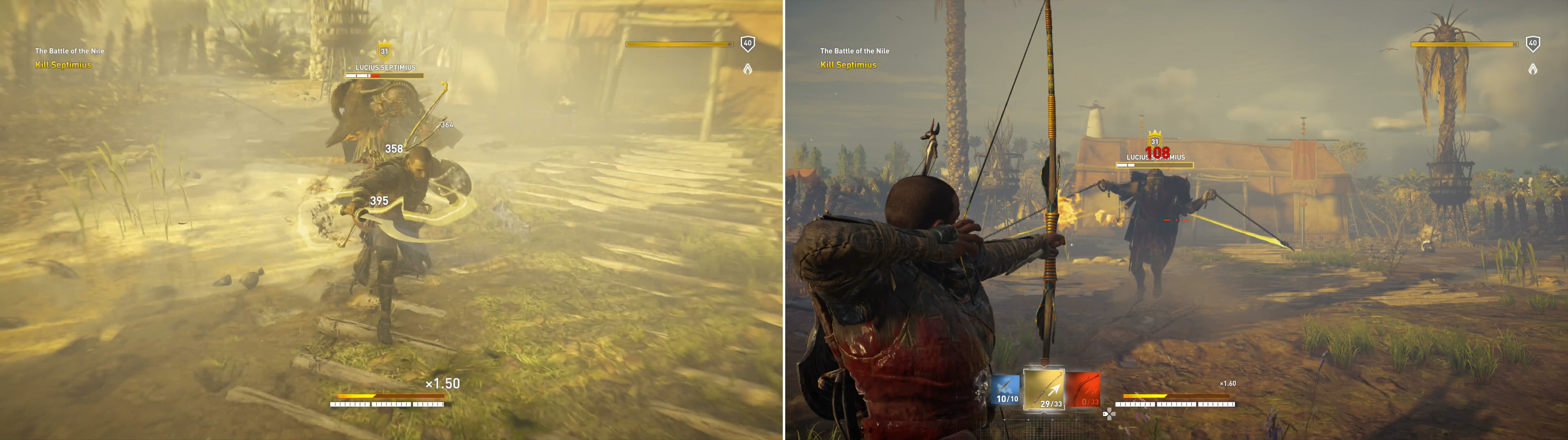 Use Overpower attacks to deal big damage (left). Septimius has limited ability to respond to ranged attacks (right)