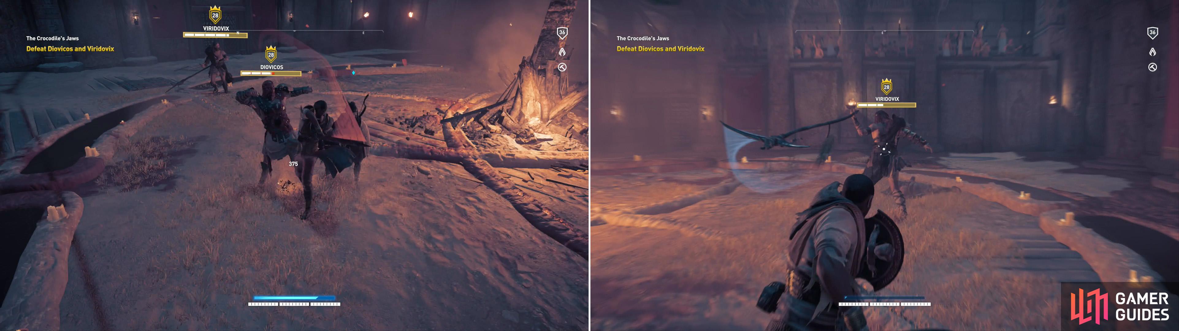 Diovicos can be lured from his brother, where he’s susceptible to hit-and-run heavy attacks (left). Viridovix is slower than his brother, but has superior attack range (right).