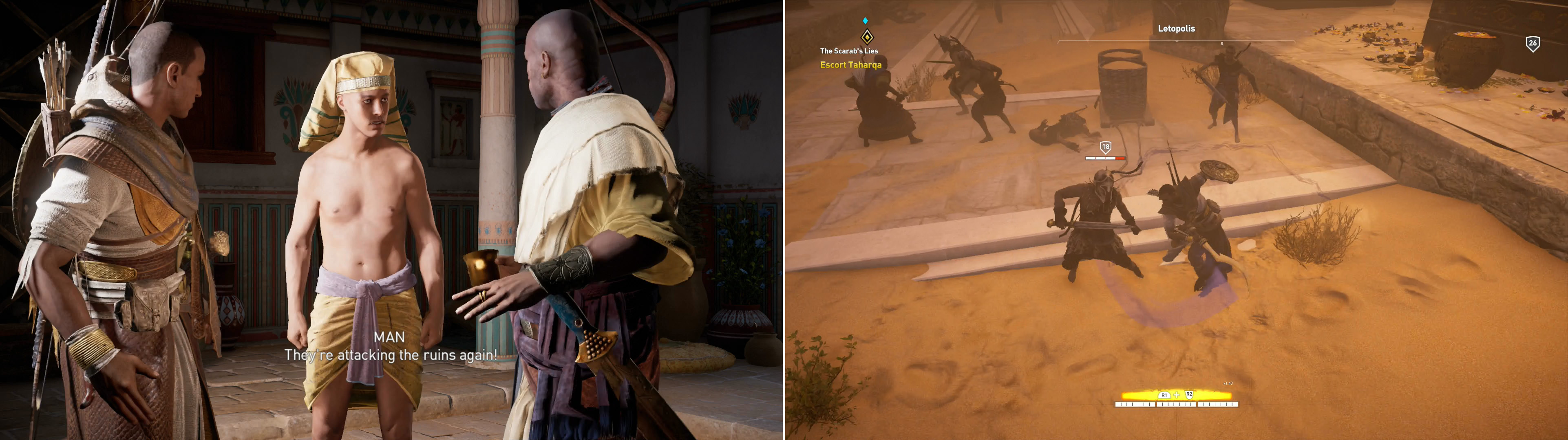 Your meeting with Taharqa will be cut short by a bandit attack (left). Follow Taharqa through Letopolis and kill all the foes who dare oppose you (right).
