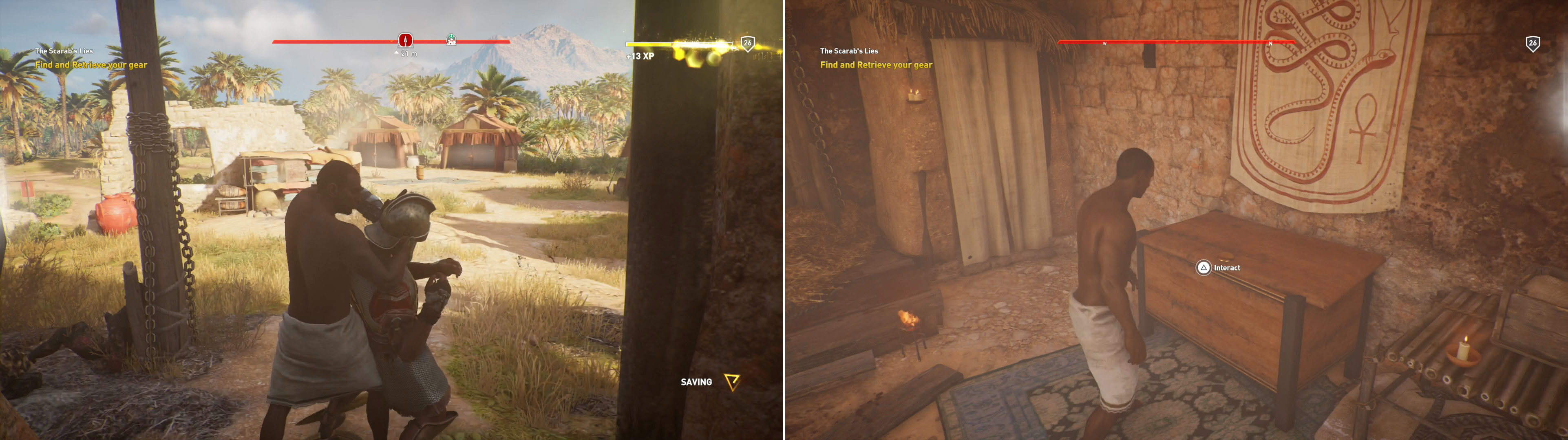 The Scarab left Bayek with only one weapon, his hidden blade - one weapon too many, as it turns out (left). Be that as it may, versatility won’t hurt. Kill the guards and recover your gear (right).