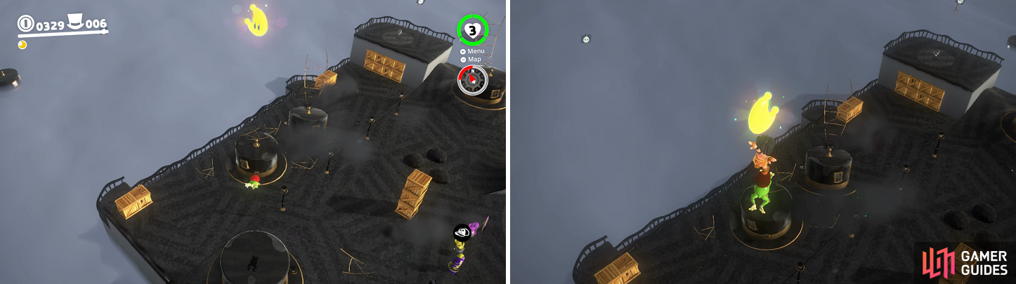 A normal jump with the frog won’t be enough to get the moon above the hat (left). Shake your controller to perform a high jump to get it (right).