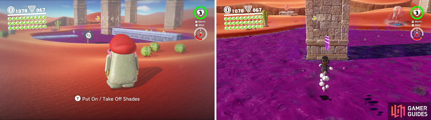 The Moe-Eye’s ability to see hidden pathways (left) will make it easier to collect purple coins and moons on the island (right).