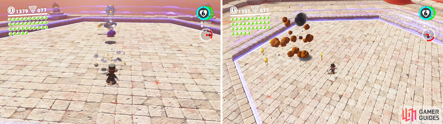 Not only can you toss back the bombs on the ground (left), but even the ones when she’s in the air (right).