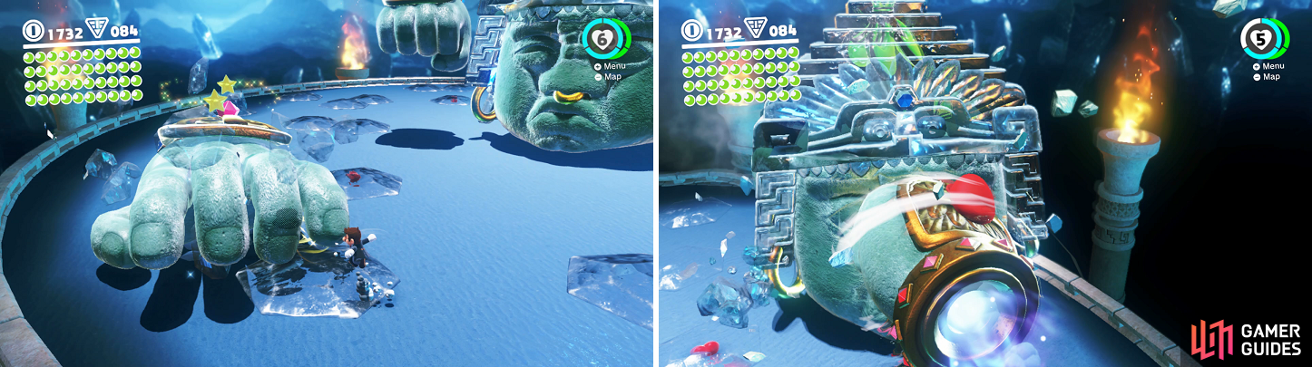 Stun a hand by having it slam into ice on the ground (left), then capture and personally deliver it to Knucklotec’s face (right).