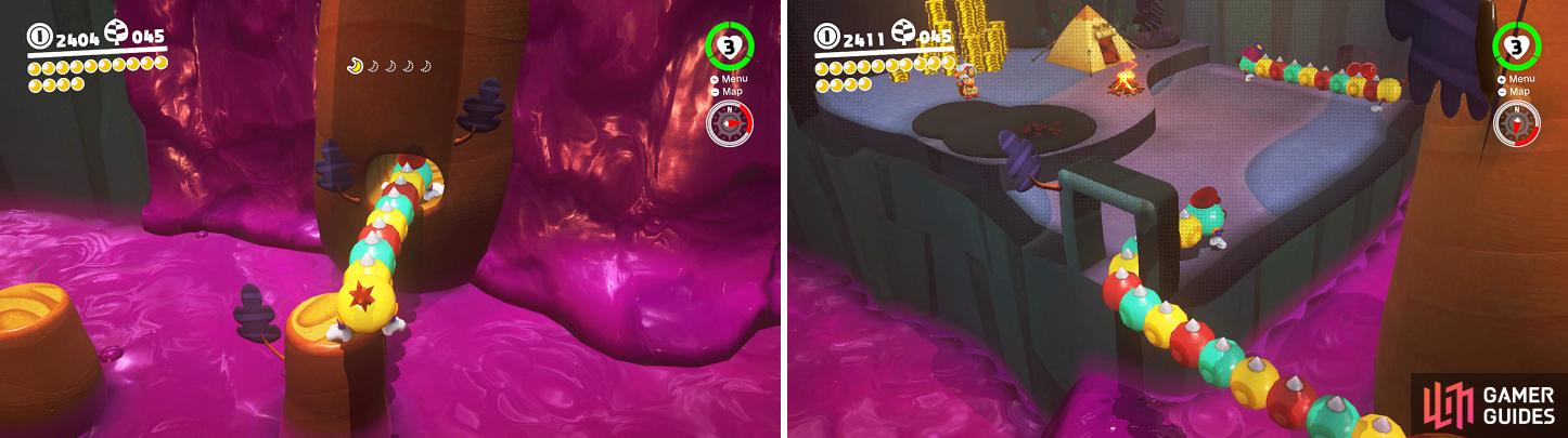 There is a Moon Shard hidden inside a tree (left). You’ll need a Wiggler to reach the hidden area with Captain Toad (right).