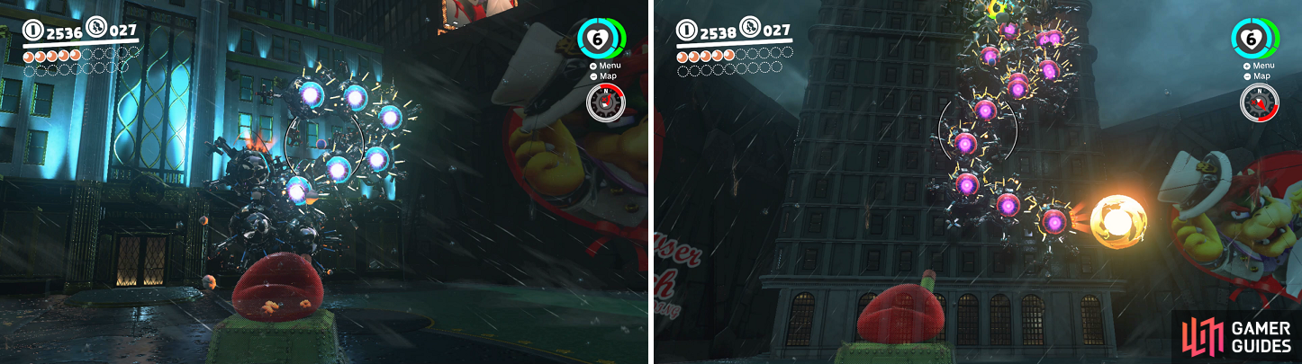 You have to hit all of the balls on the back to be able to deal damage (left). Be on the lookout for Mechwiggler’s projectiles (right).