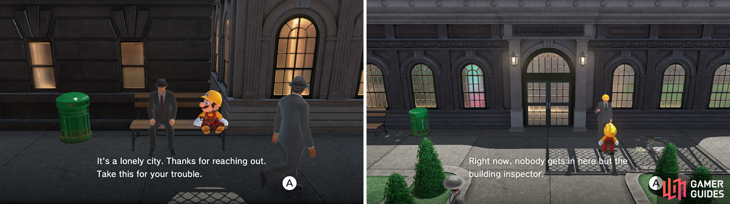 “Sitting” on the bench next to the lonely guy will reward you with a moon (left). Only an inspector can get into the building (right).