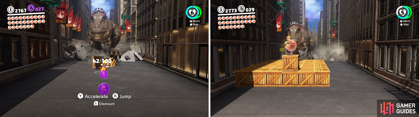 Since you’ll be moving towards the camera, you need to keep an eye out for purple coins (left), as well as the moon in the middle of the track (right).