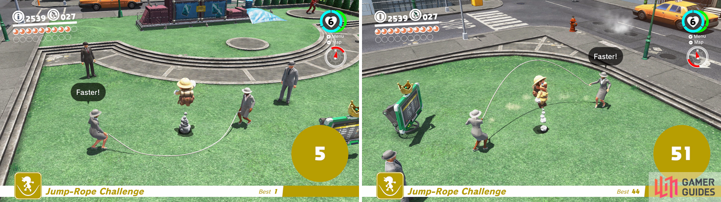 The pace will quicken after every five jumps (left) and you’ll have to adjust the height of your jumps once it reaches the maximum speed at 50 jumps (right).