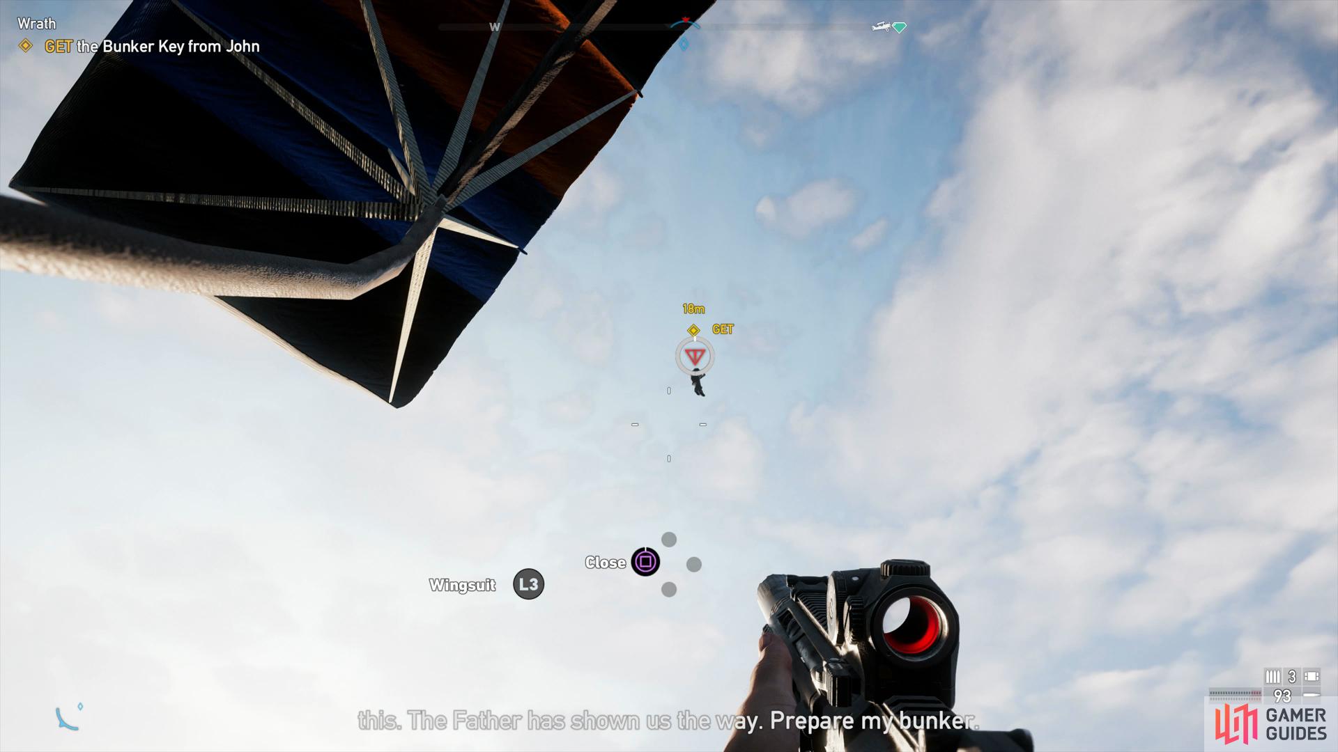Take John out before he can even finish speaking by shooting from your parachute.
