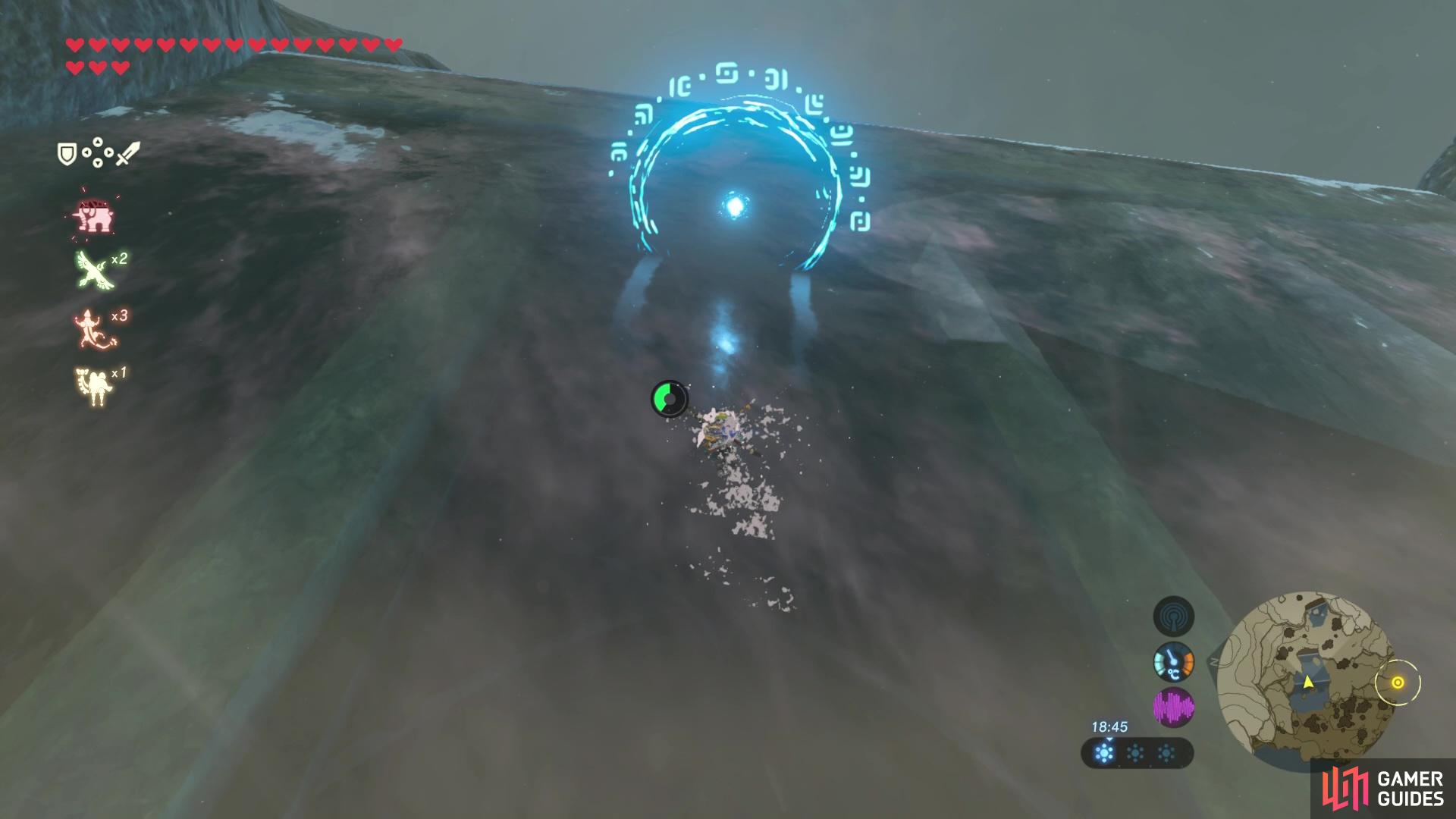 Head up the waterfall and make sure your route aligns with the blue rings.