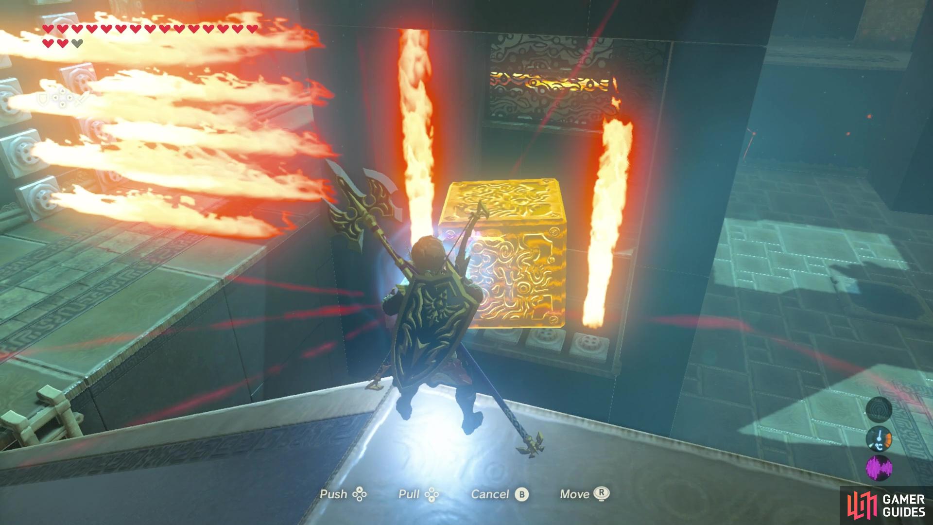 Use the metal cube to make a gap in the fire jets so you can grab the treasure!
