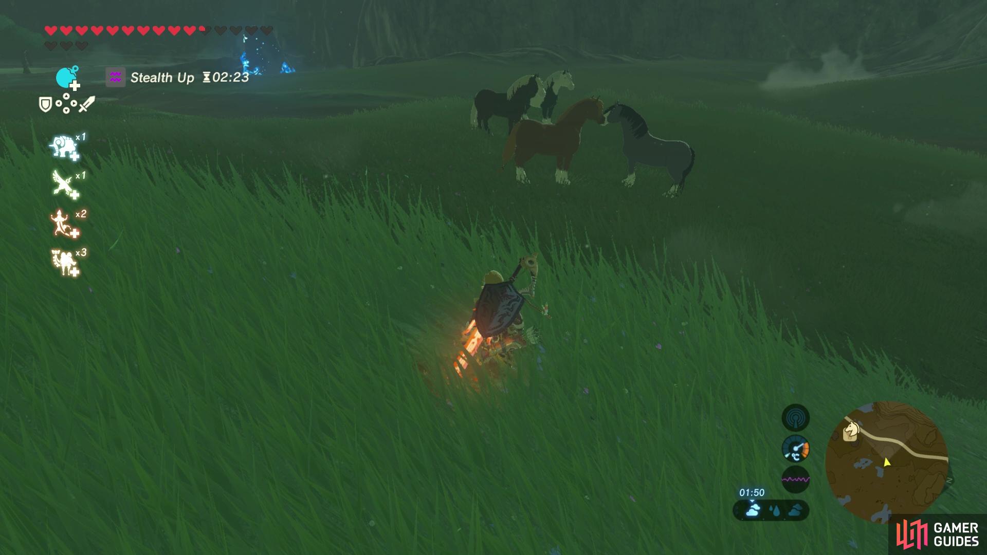 Crouch and sneak towards a horse so you can mount it