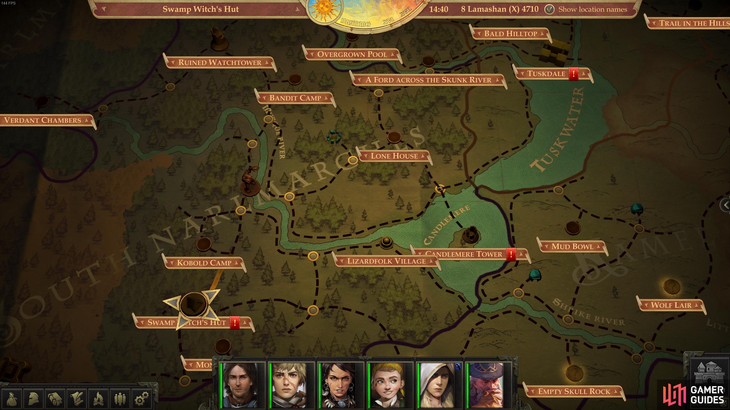 The location of Swamp Witch’s Hut (bottom left) in relation to your capital (top right).