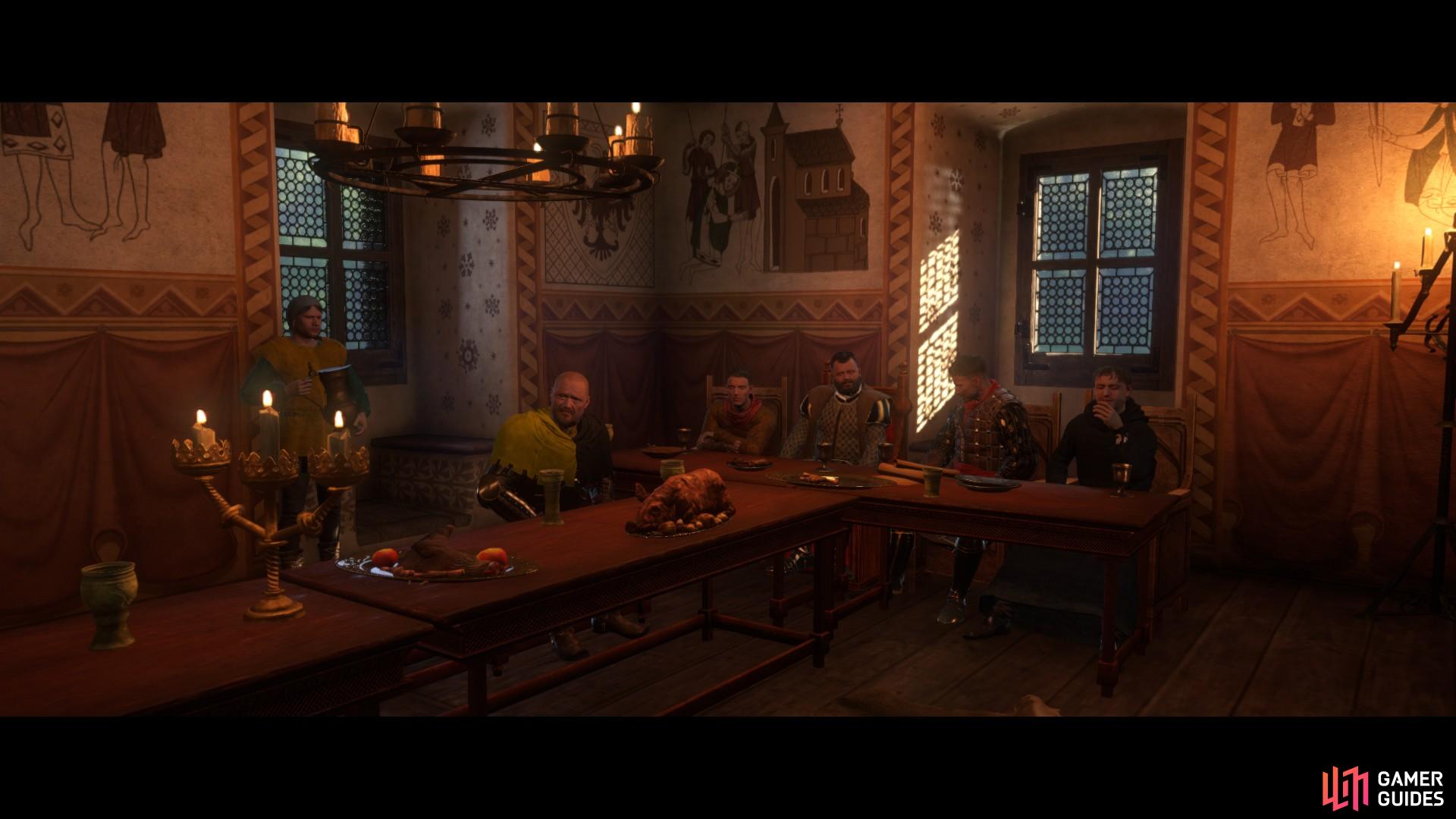 In the last cut scene of the chapter you will meet Sir Hans Capon, Sir Hanush, Captain Bernard and the parish priest of Rattay.