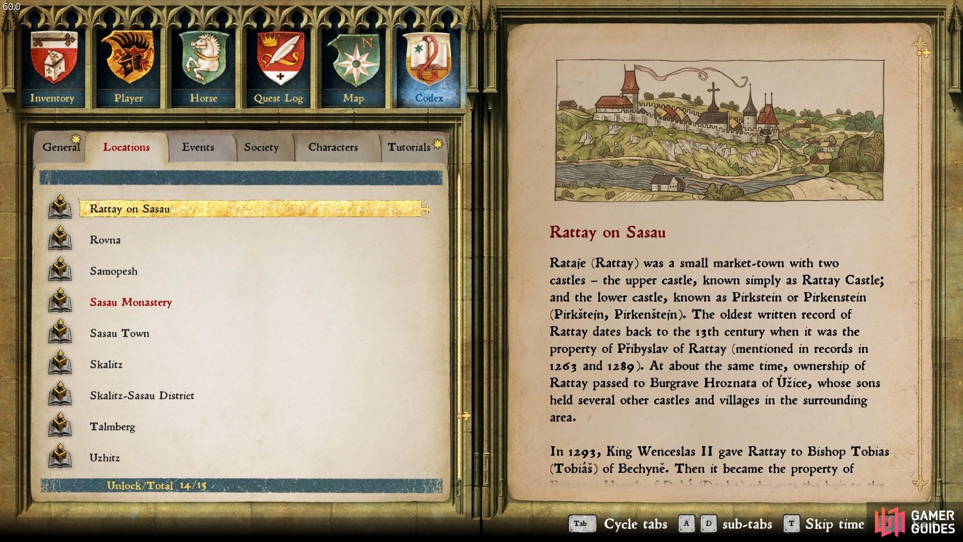 Example of Codex entry outlining a brief history of Rattay. Note the stars above the General and Tutorial tabs indicating a new entry waiting to be read.