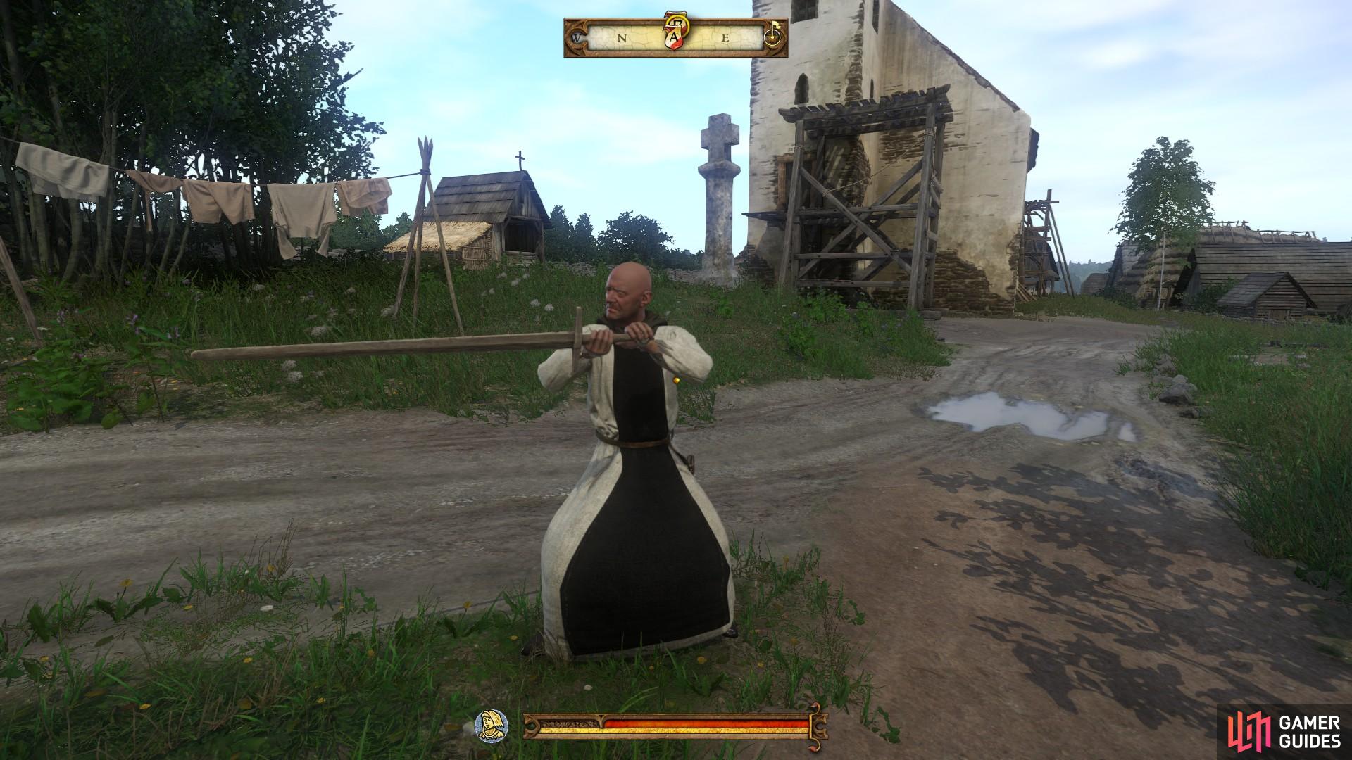 The parish priest of Uzhitz, Father Godwin, can be found practising swordplay in the grounds outside the church.