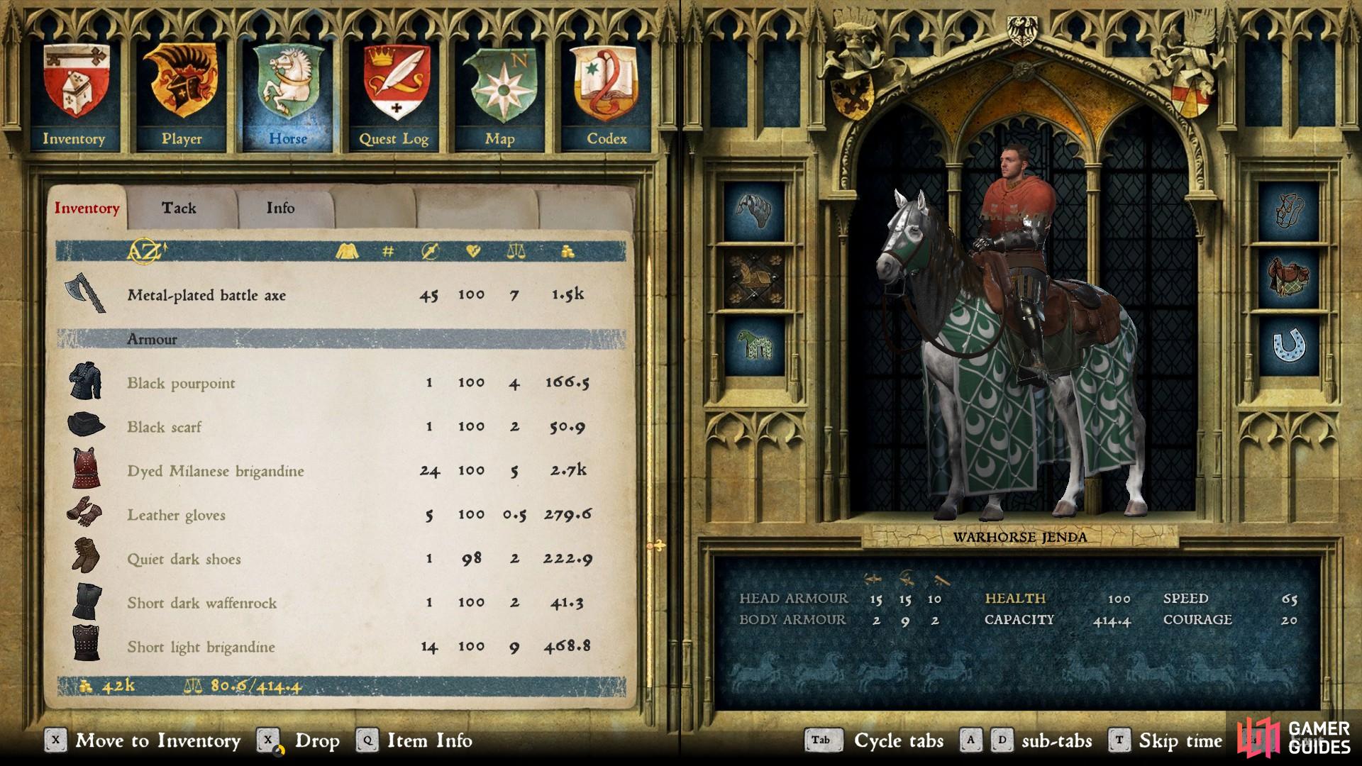The horse inventory is particularly useful for alternative armour and weapon sets, but also for any heavy items that you acquire in the wilderness such as bandit armour.