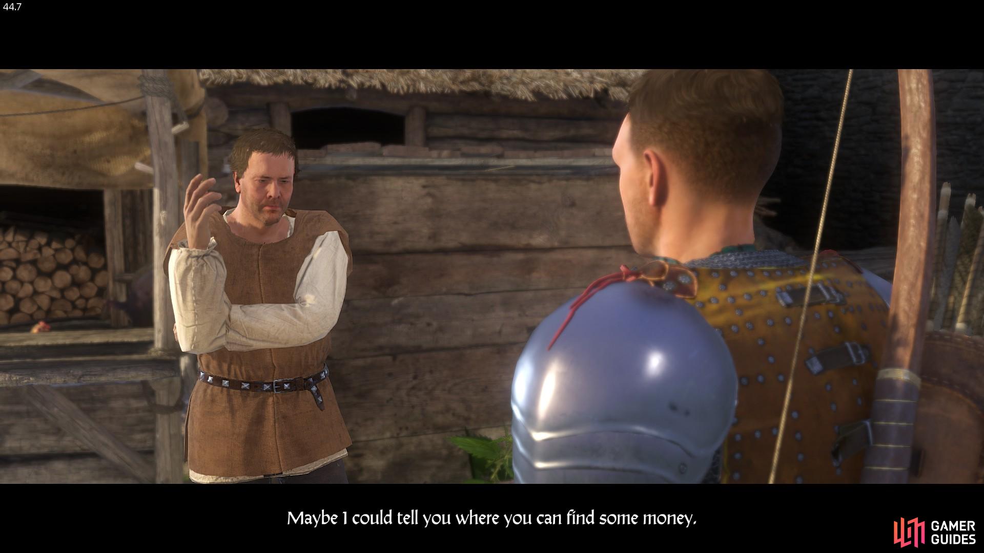 Henry reminds Kunesh that he still owes him money, but since he has none he instead directs Henry to a dove-cote in Skalitz, under which treasure can be found.