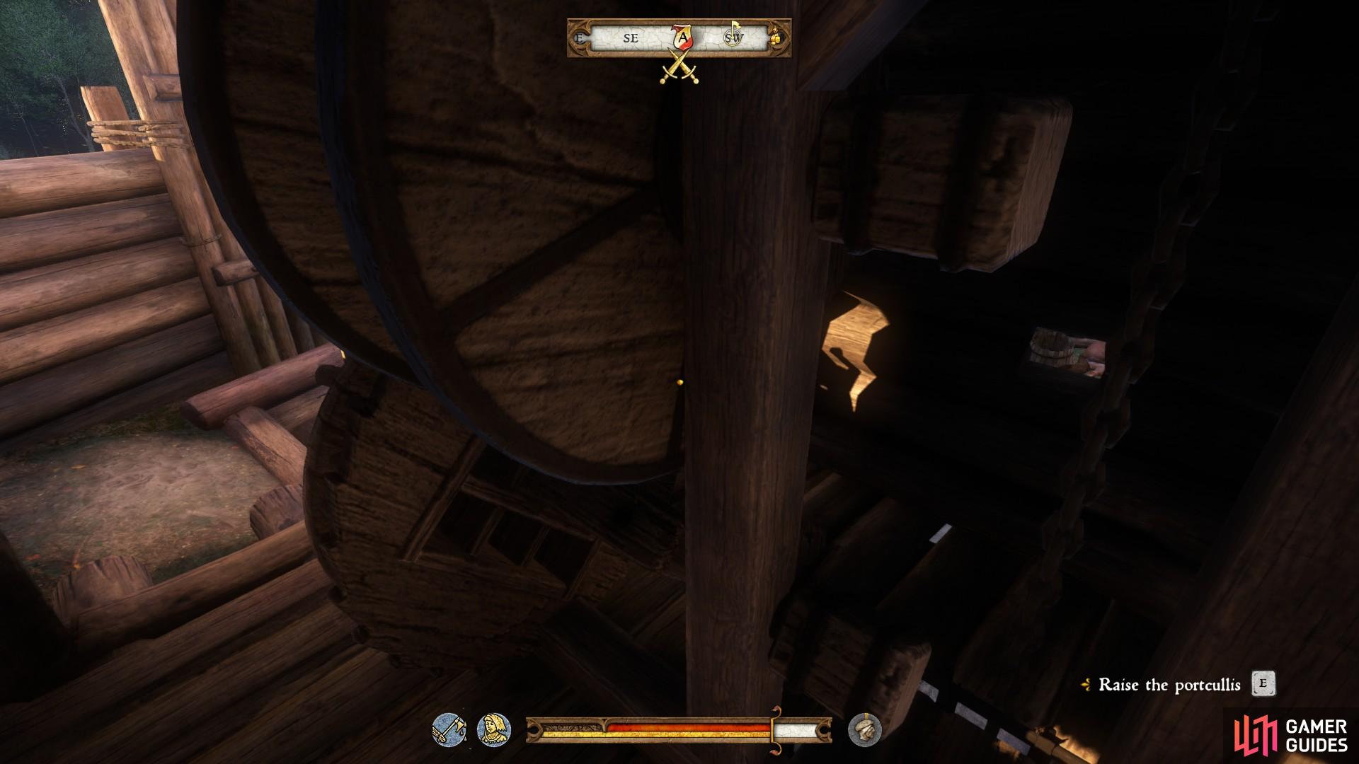 Make your way above the main gate and raise the portcullis, but be ready to fight some bandits along the way.