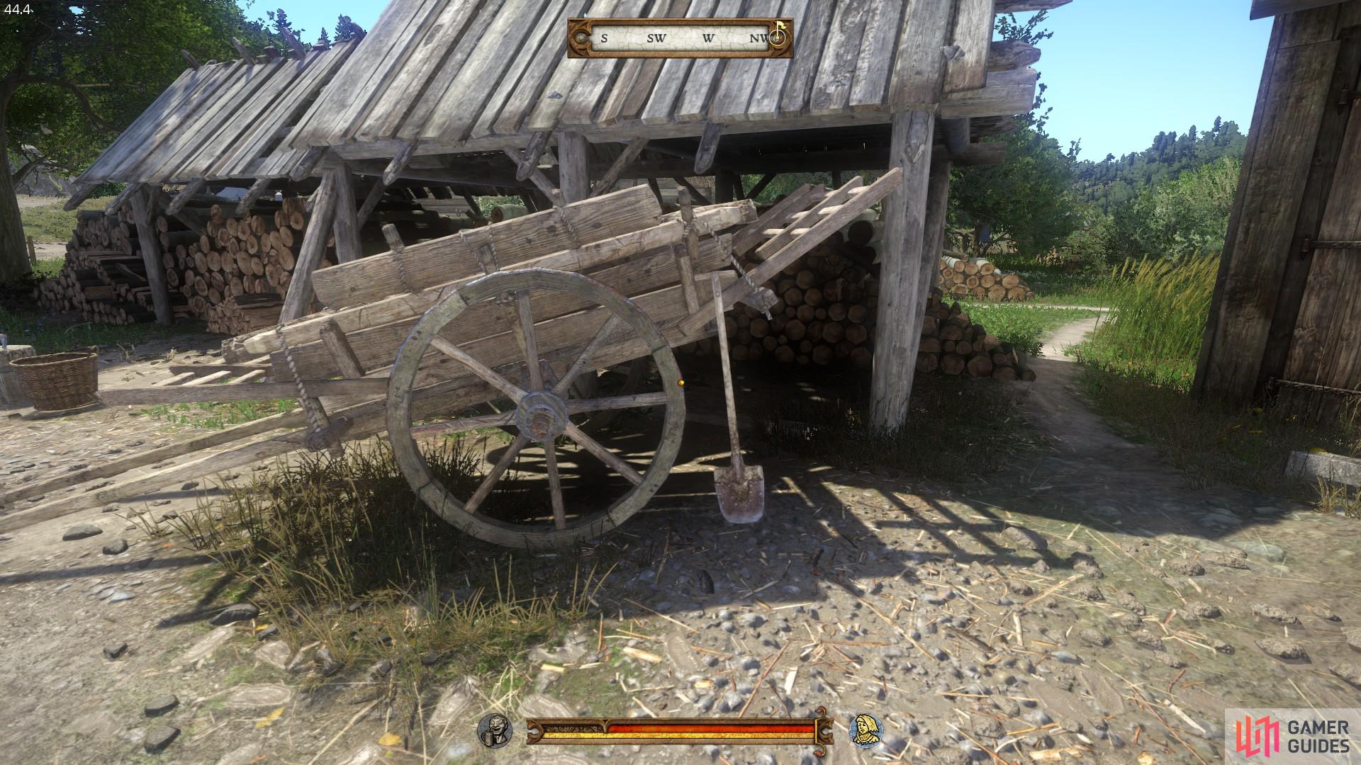 You will find the spade resting on the cart in the grounds of the Rattay Mill. 