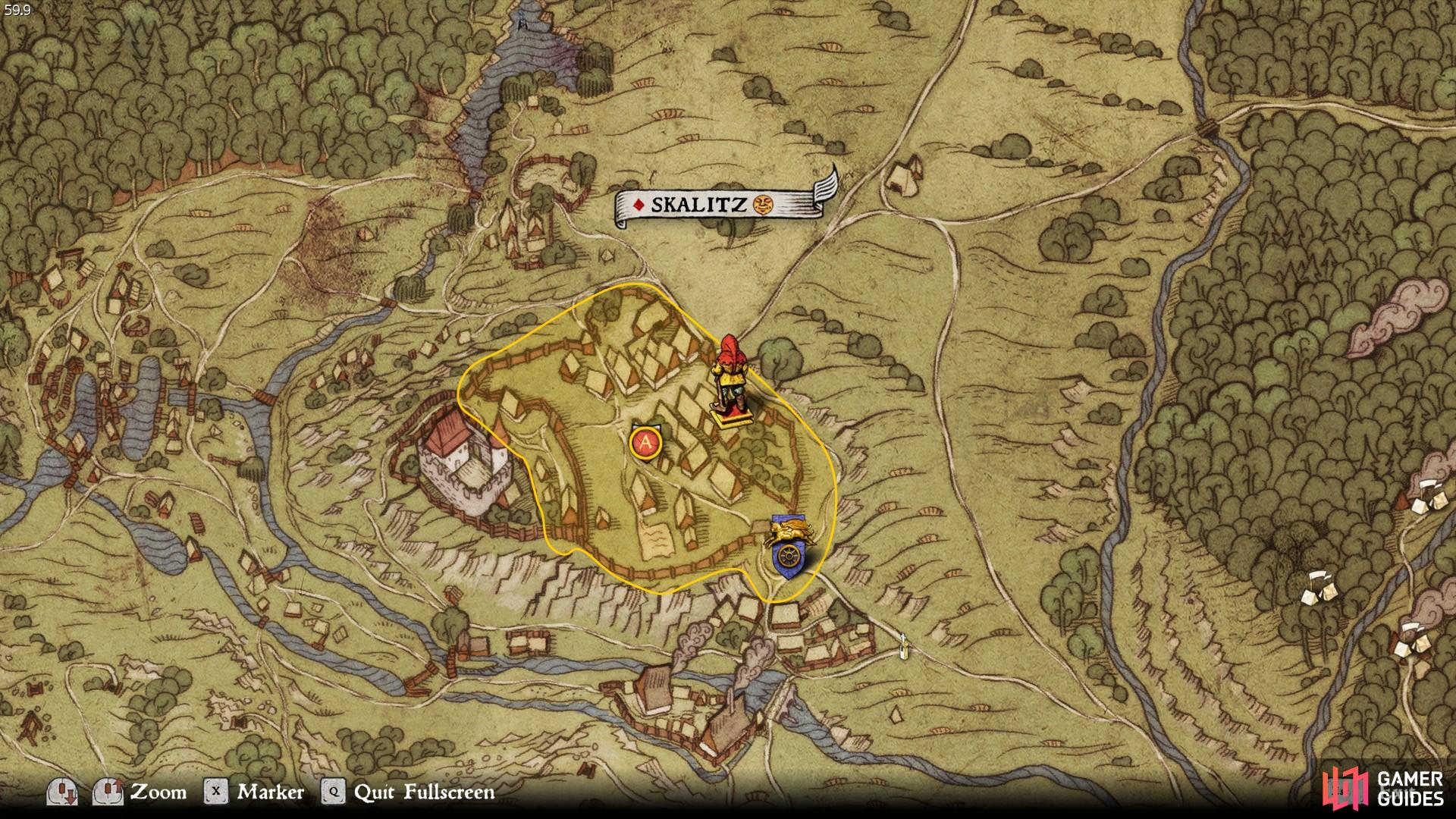 The location of the dove-cote in Skalitz under which the treasure can be found.