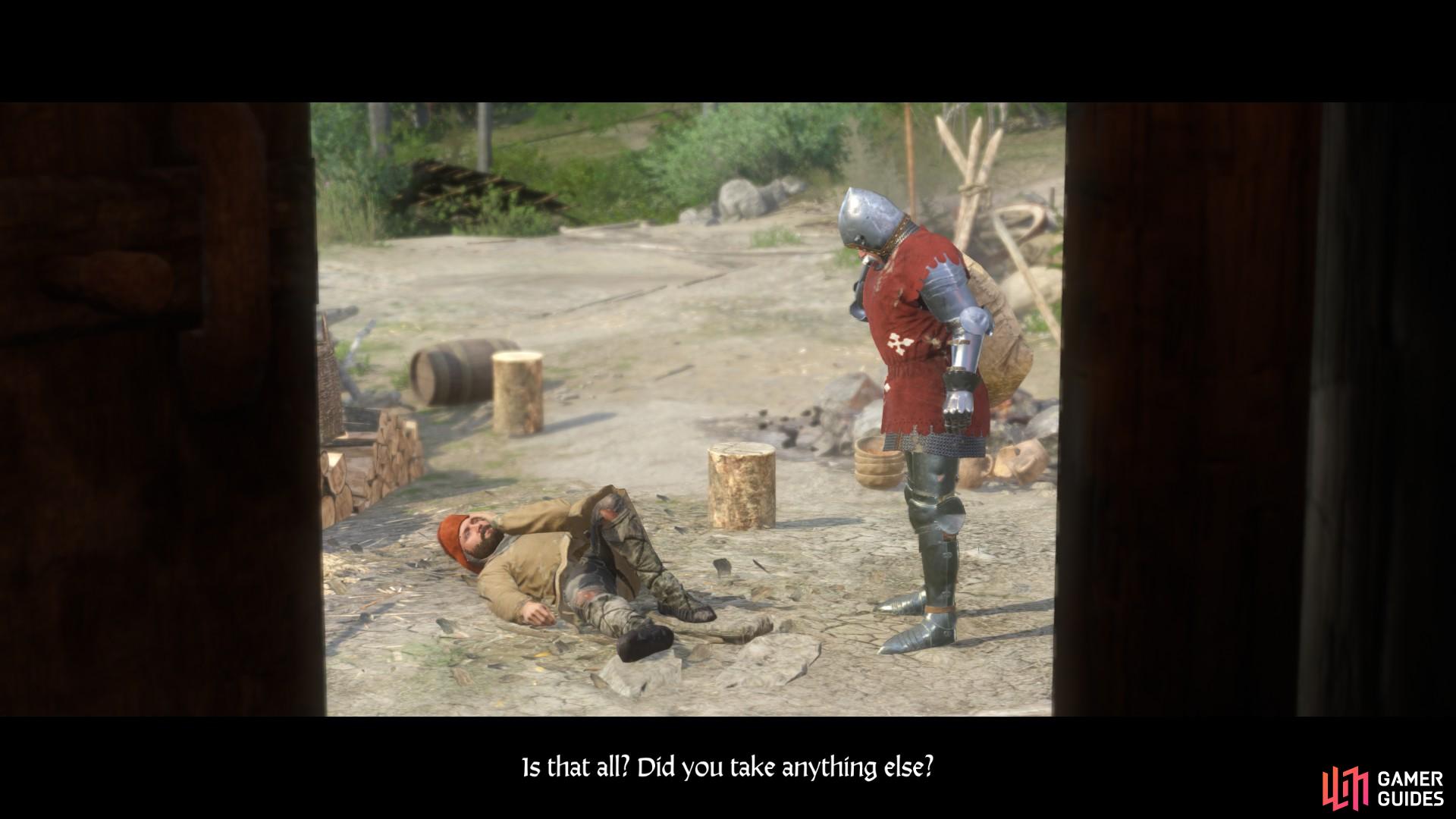 When you are done questioning the wounded mercenary a cut scene will follow in which the mysterious German knight shows up and takes a bag of coin. 