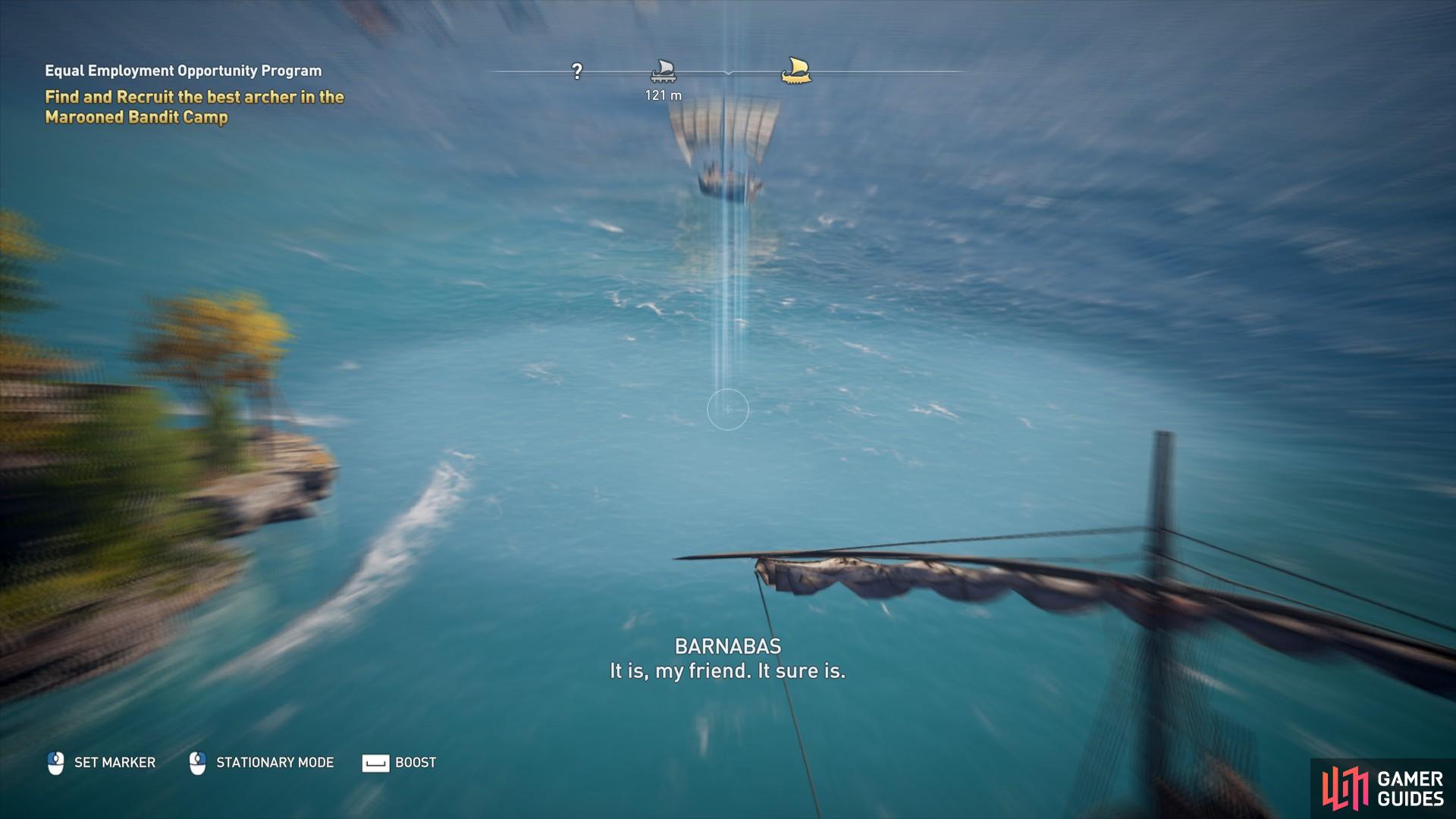 When you arrive at the island, dock the ship in the highlighted region that you can see from above when scouting with Ikaros.