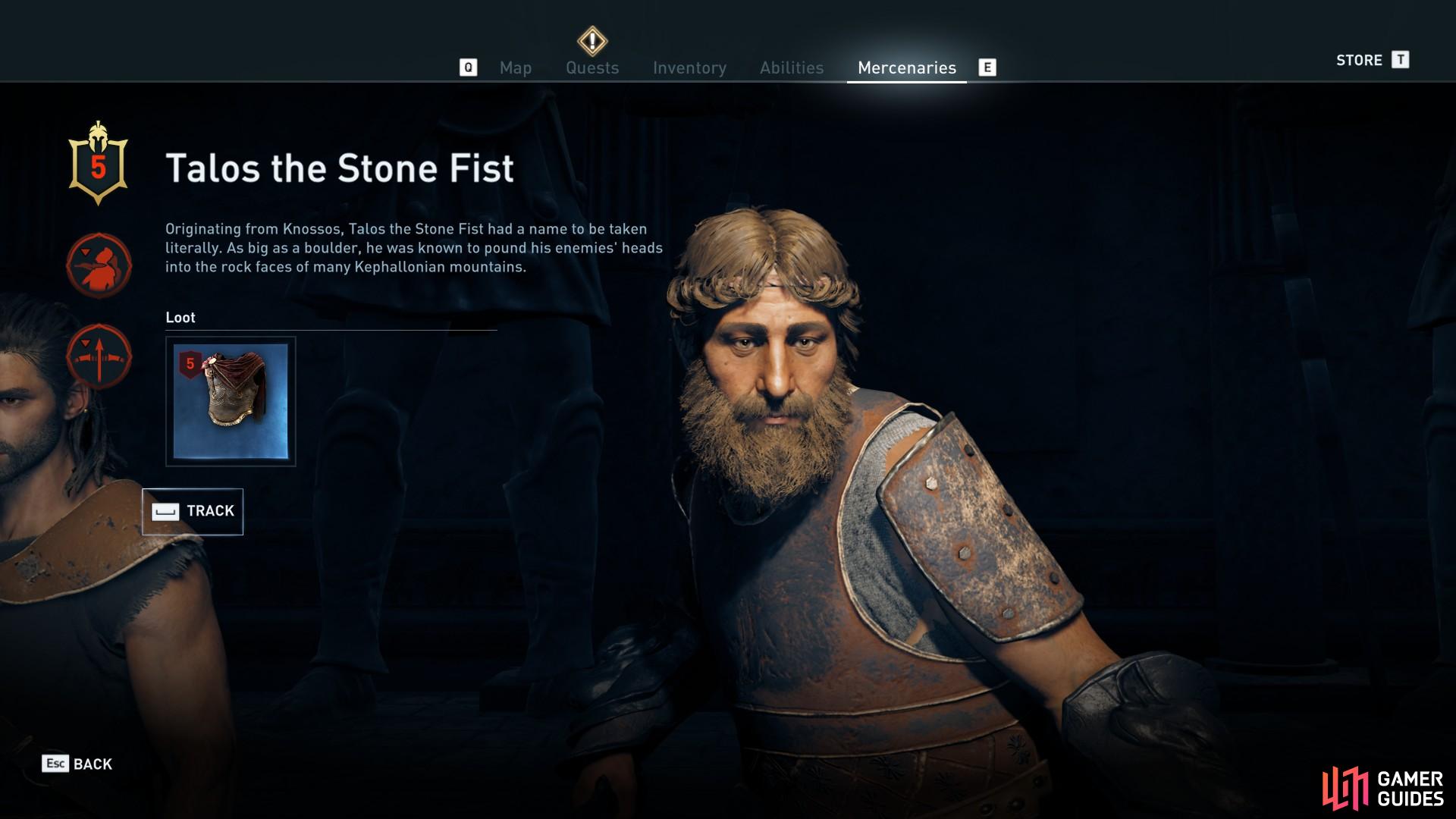 Enter the ‘Mercenaries’ menu to inspect Talos and track him. 