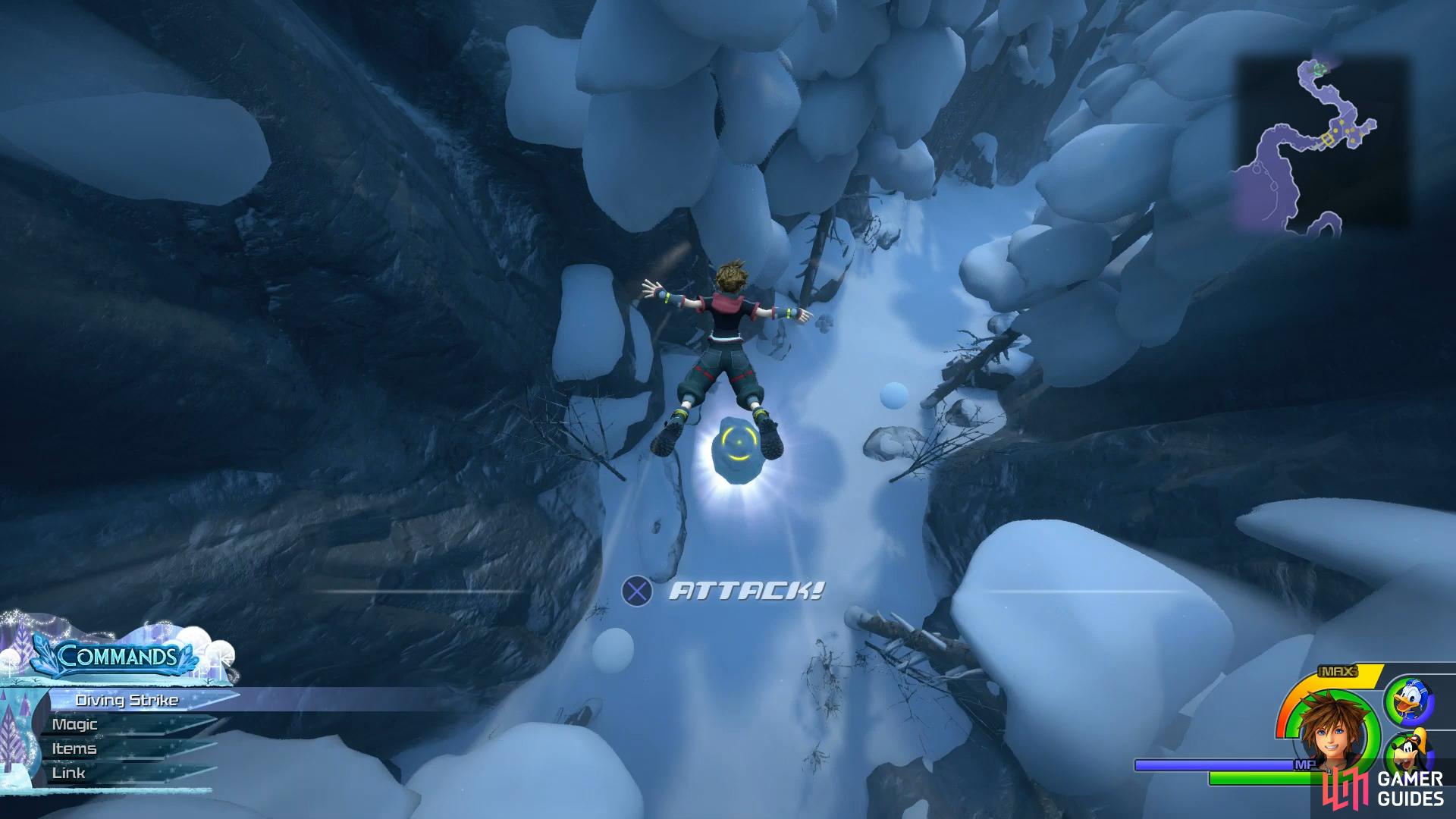 Strike the ice while falling to reveal the chest.