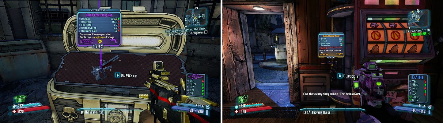 The Golden Chest in Sanctuary (left) can get you some weapons if you have a Golden Key. You can also gamble your money away to get some new weapons from the slot machines in Moxxi’s Bar (right).