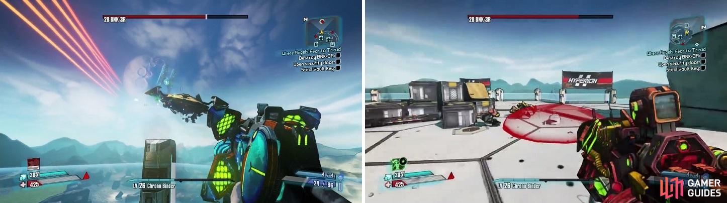 BNK3R will fly around a lot (left) during the boss battle, making it hard to deal damage. One attack to watch out for are the mines (right) that it shoots onto the ground.