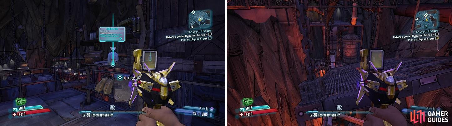 Ulysses’ pet (left) can be found on a shelf. The supply beacon is found in a lower area in the underground section (right).