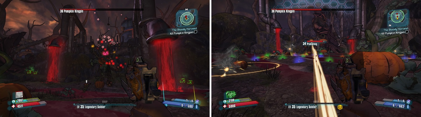 Shoot the Pumplings off Kingpin’s shoulders to negate his health regenerating (left). His laser attack can do a lot of damage (right).