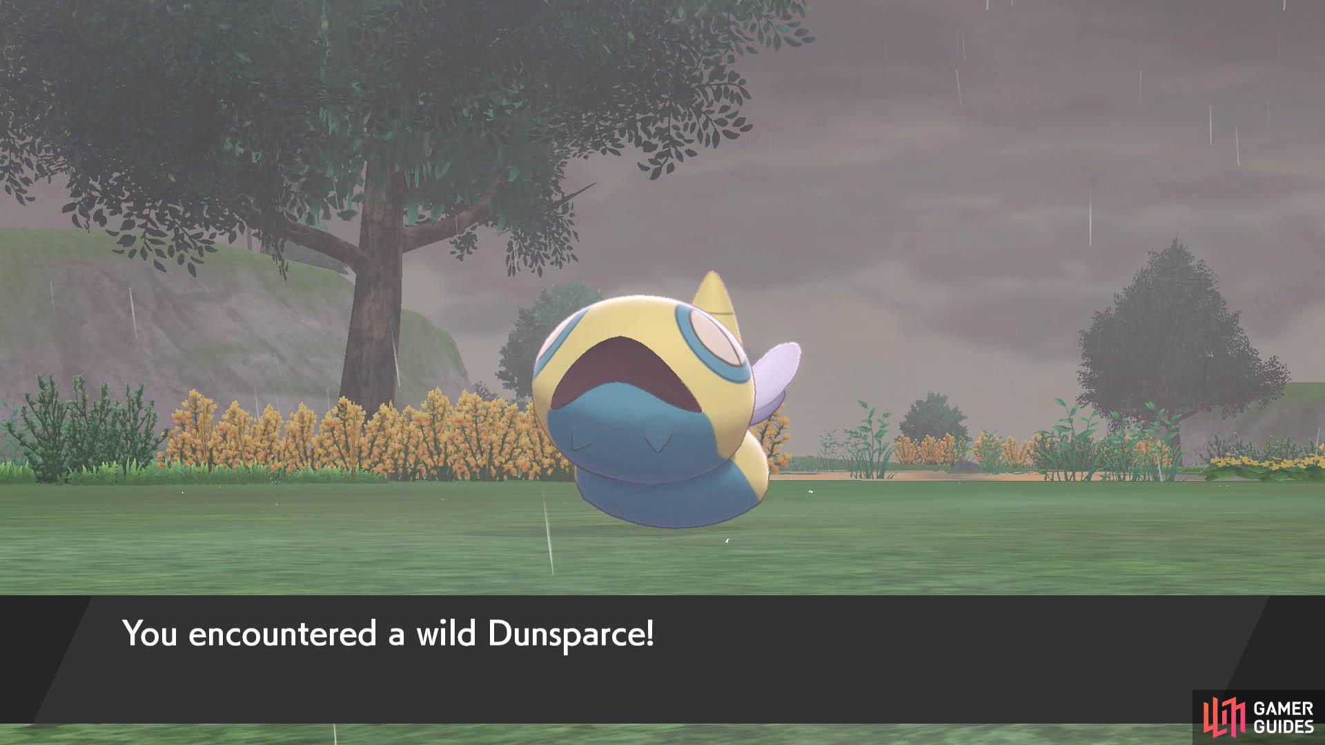 Dunsparce can be found on the overworld as well, but it’s rarer and liable to flee when agitated.