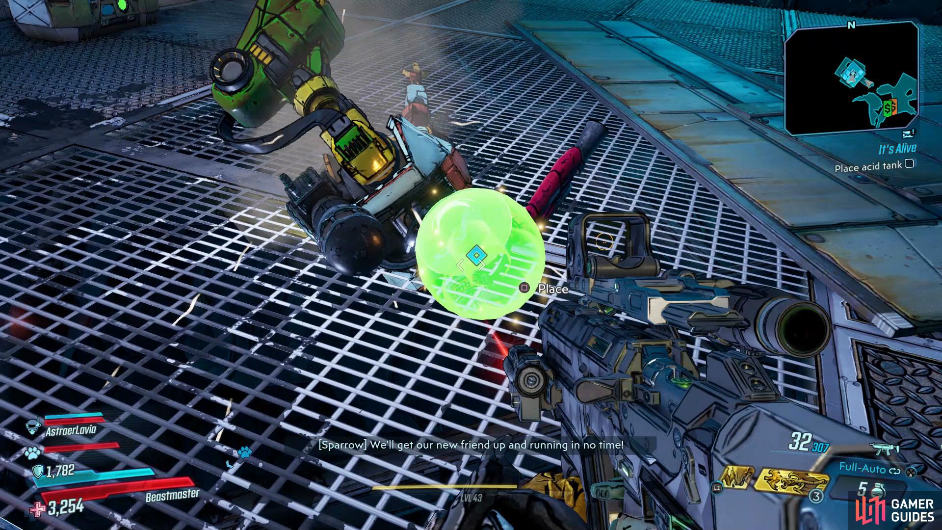 Connect the Acid Tank to the robot on the floor and melee it in.