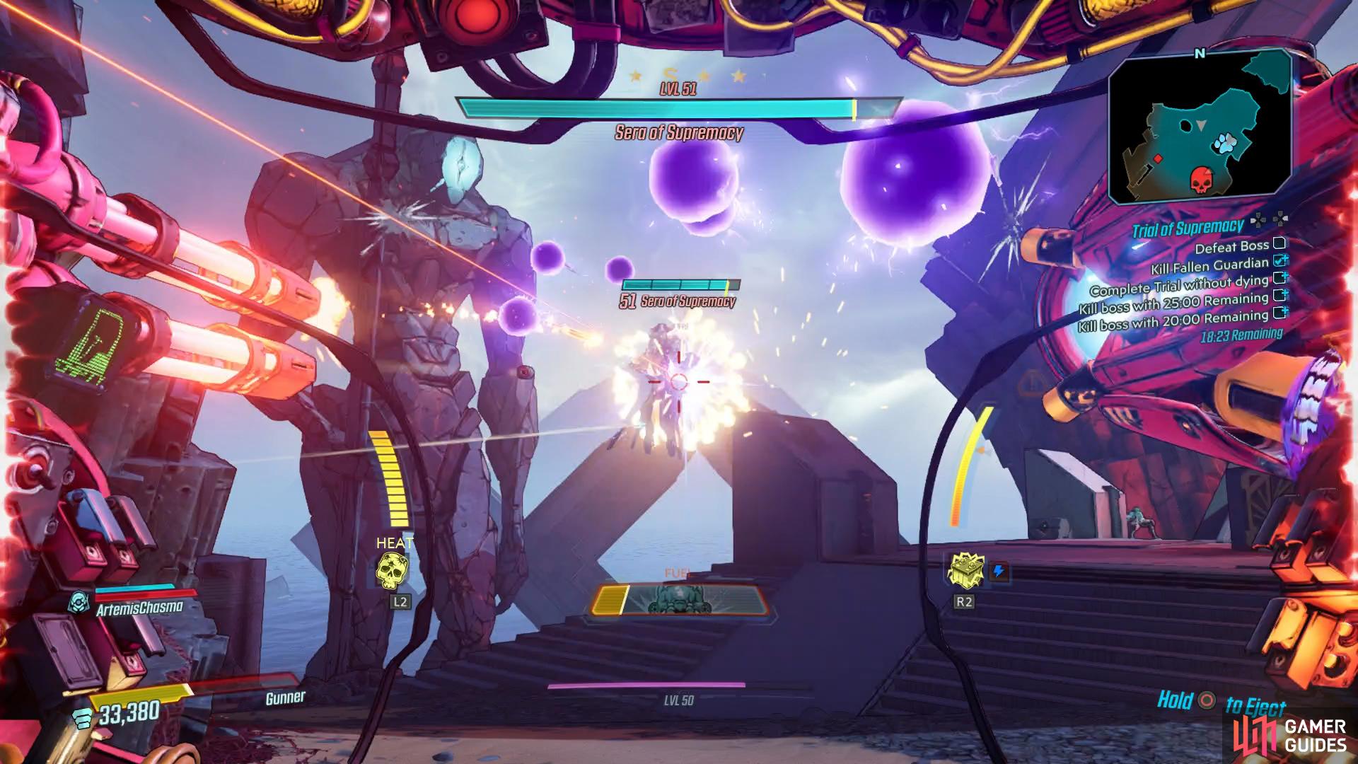 Avoid Sera of Supremacy’s Orb attacks by backing away.