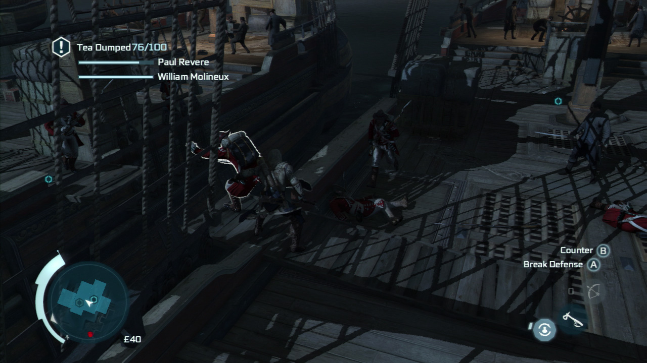 Be sure during this time to throw three enemies into the water. You can do this by countering and hitting the grab button to push them. Also during this time, you can loot a musket and when a guard is otherwise occupied on the dock below hop up on the railing of one of the ships and air assassinate him with a musket.  Continue to kill the guards as they approach and once enough of the tea has been thrown into the river the mission will be completed.