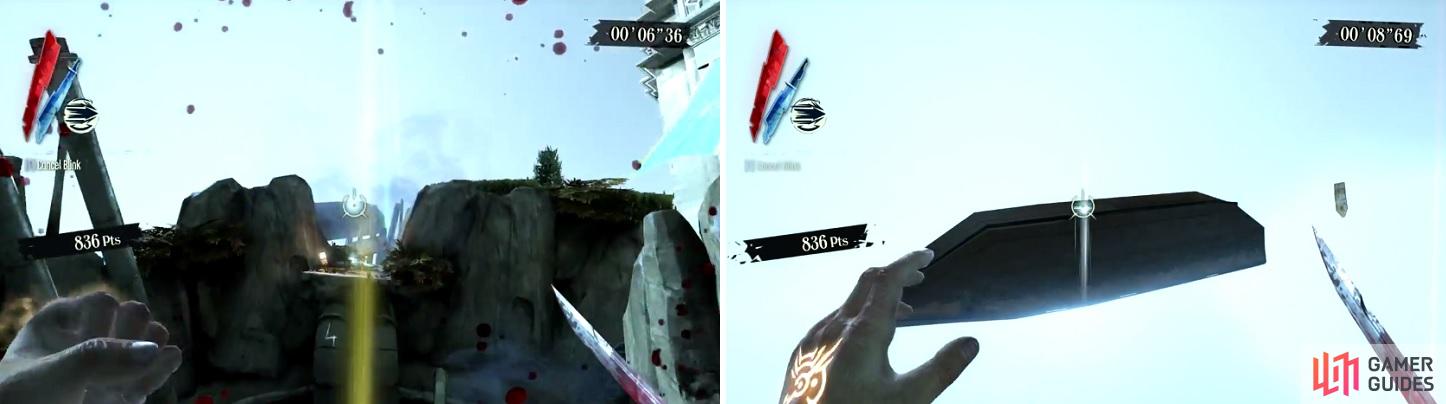 After killing the first enemy described above, Blink to the area shown on the left, then double jump and Blink to the boat in the mid-air (right).